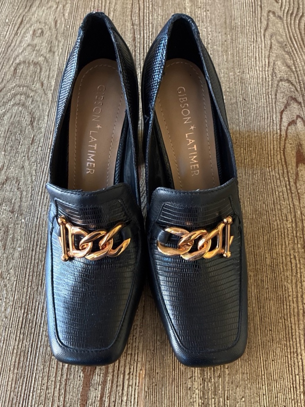 Gibson Latimer Black Textured Heels with Gold Chain Accent